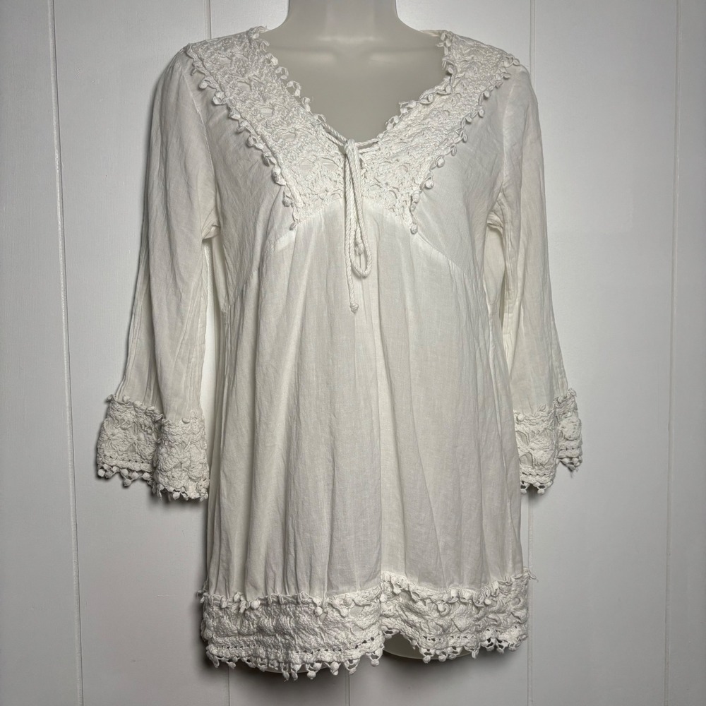 Roper White Boho Crochet Lace Trim Tunic Top Sz M Tie Neck Western Coastal